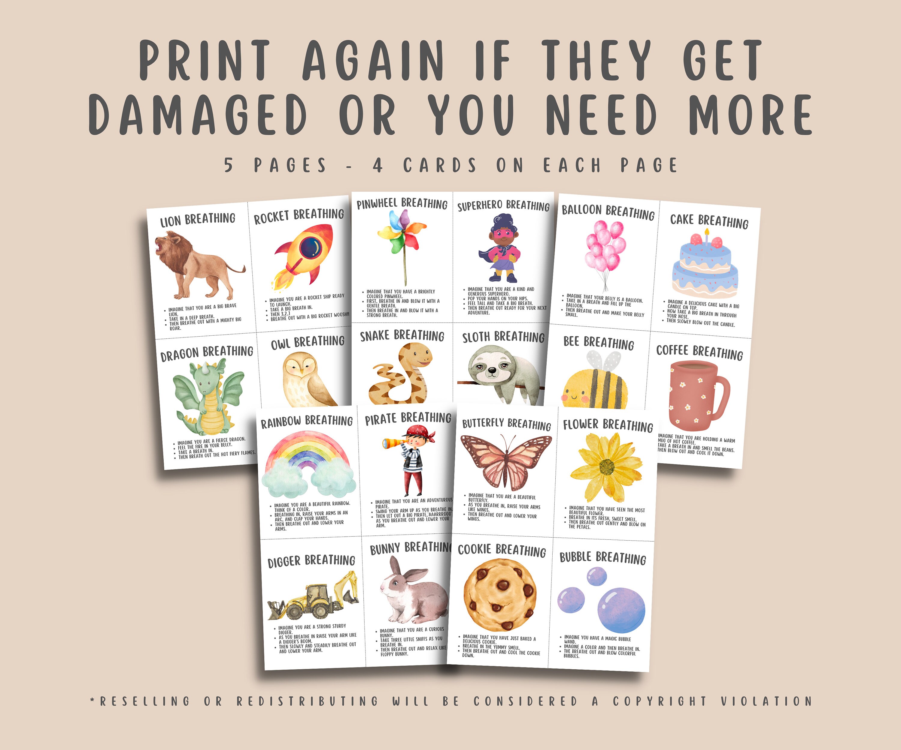 20 Mindful Scripted Breathing Cards for Kids Teens, Anxiety Coping ...