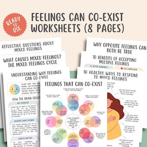 Könnte beinhalten: Ein Set aus acht druckbaren Arbeitsblättern mit dem Titel Feelings Can Co-Exist, die lehrreiche Texte, Diagramme und farbenfrohe Kreisdiagramme enthalten. Die Seiten umfassen reflektierende Fragen, Erklärungen zu gemischten Gefühlen und Strategien zur emotionalen Wahrnehmung.