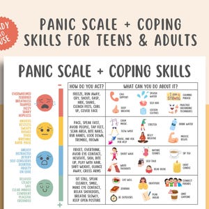 以下が含まれることがあります： 「パニックスケール+コーピングスキル（10代と大人向け）」と題されたカラフルなインフォグラフィック。パニックの度合いと感情状態、深呼吸や友人とのつながりなどの対処法が示されています。すぐに使える画像です。