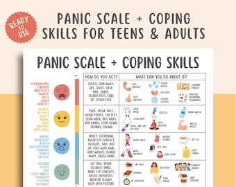 Hand-out paniekschaal met copingvaardigheden, paniekaanvallen, aarding, angstbeheersing, afdrukken geestelijke gezondheid, CGT-hulpmiddel, gids voor stressverlichting
