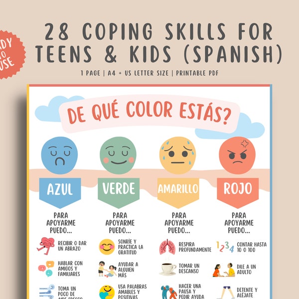 28 Coping skills in Spanish for kids & teens, zones of regulation, grounding technique chart, calm down strategies, behavior management PDF
