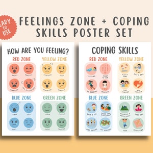 Feelings Zone With Coping Skills Set of 2 Posters for kids, Emotions Calming Corner Strategies, Grounding Techniques Toddler Mental Health