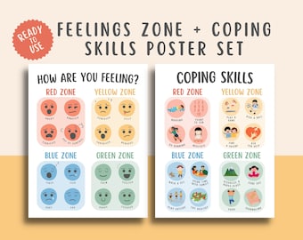 Feelings Zone With Coping Skills Set of 2 Posters for kids, Emotions Calming Corner Strategies, Grounding Techniques Toddler Mental Health