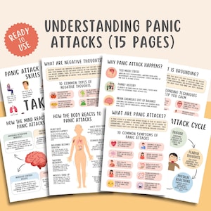 May include: A set of 15 printable pages with illustrations and text about understanding panic attacks. The pages cover topics such as negative thoughts, how the body reacts to panic attacks, common symptoms of panic attacks, and grounding techniques.