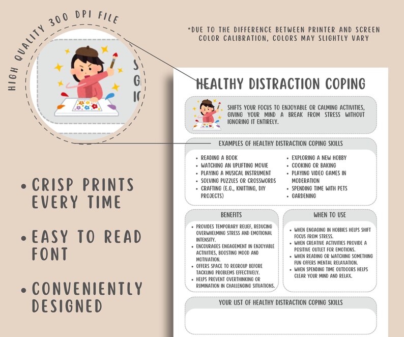8 Types of Coping Skills Worksheets, Emotional Regulation, Depression and Anxiety Relief, Self-Care, PTSD, Grounding Strategy Mental Health