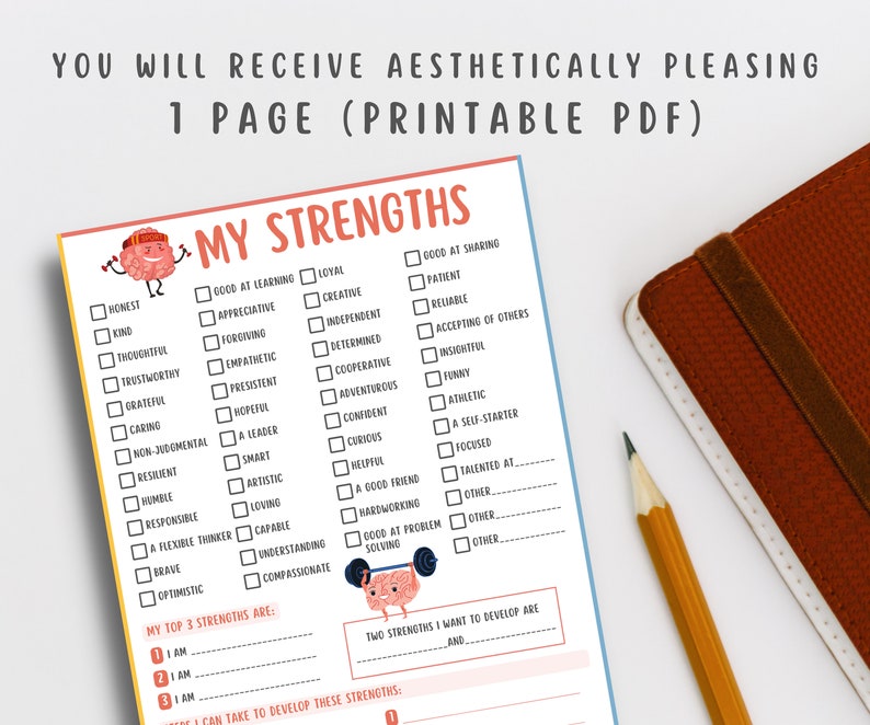 My Strengths Worksheet for Kids & Teens, Self Esteem Journal Children