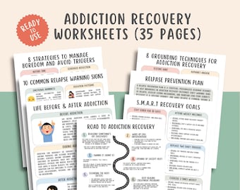 Addiction Recovery Worksheets (35 Pages) Sobriety Planner, Relapse Prevention Plan Mental Health Tracker, Urge Surfing, Grounding Technqiues