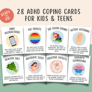 28 cartes-éclair sur les capacités d'adaptation du TDAH pour les enfants et les adolescents, techniques d'ancrage pour le trouble déficitaire de l'attention avec hyperactivité, régulation des émotions