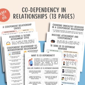 Puede incluir: Un conjunto de imprimibles informativos titulados "Co-dependencia en las relaciones (13 páginas)". Las páginas presentan texto y gráficos que explican las relaciones de codependencia, las causas y los comportamientos. El diseño incluye una etiqueta lista para usar.