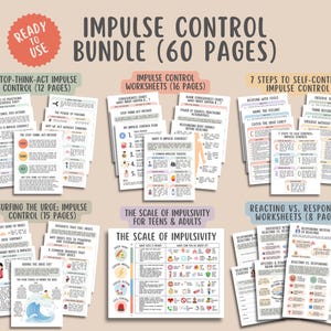 May include: A bundle of 60 pages of impulse control worksheets. The worksheets cover topics such as the stop-think-act method, self-control steps, and understanding impulsivity. The bundle includes the text "Ready to Use".