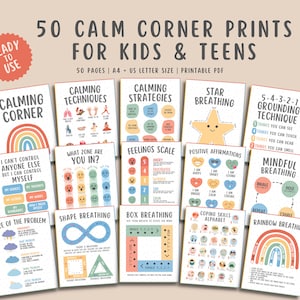 50 Calming Corner Poster Calm Down Self Regulación Social Emocional Classroom Feeling Chart Bundle Decoración de pared imprimible Respiración consciente