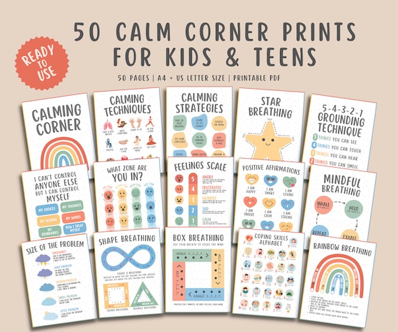 50 Calming Corner Poster Calm Down Self Regulation Social Emotional Classroom Feelings Chart Bundle Printable Wall Decor Mindful Breathing
