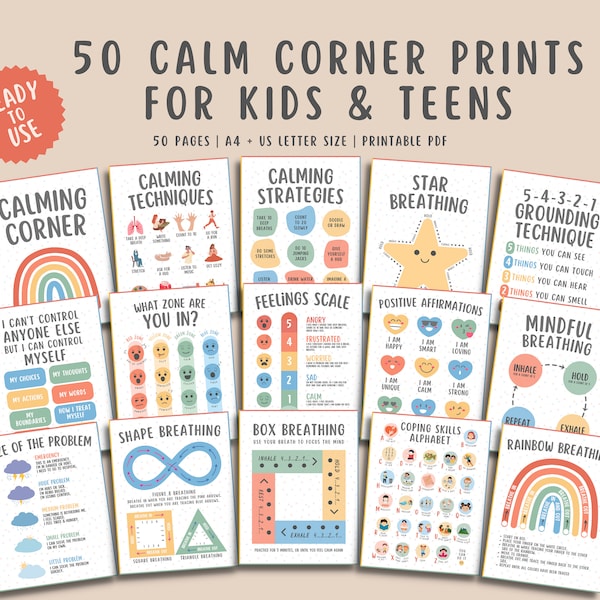 50 Calming Corner Poster Calm Down Self Regulation Social Emotional Classroom Feelings Chart Bundle Printable Wall Decor Mindful Breathing