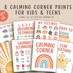 8 afiches de la esquina de la calma para niños adolescentes, técnicas de calma, estrategias de puesta a tierra, afiche de sentimientos, oficina de terapia del consejero escolar, SEL