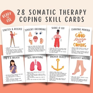 28 cartes de compétences d'adaptation en thérapie somatique pour la régulation du système nerveux Thérapie par l'exercice polyvagal, CPTSD, Thérapie du SSPT Cartes-éclair de mise à la terre