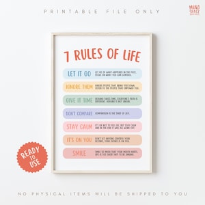Pôster de 7 regras de vida, impressão de afirmações felizes, decoração de escritório de terapia, citação de motivação, pôster de sentimentos, regras de vida, psicologia social, SEL