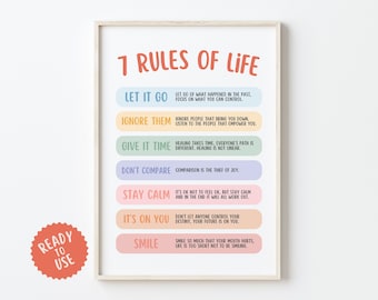 7 Rules of life poster, happy affirmations print, therapy office decor, motivation quote, feelings poster,life rules, social psychology, SEL