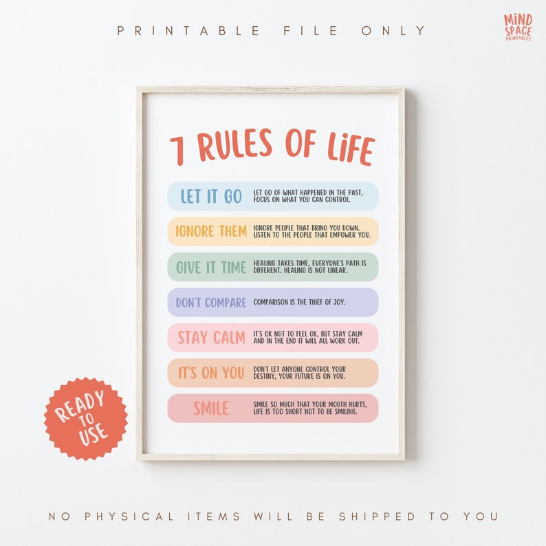 7 Rules of life poster, happy affirmations print, therapy office decor, motivation quote, feelings poster,life rules, social psychology, SEL image 1