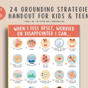 24 Grounding Strategies for kids teens, calming techniques chart, calm down skills, school counselor, behavior management, social emotional