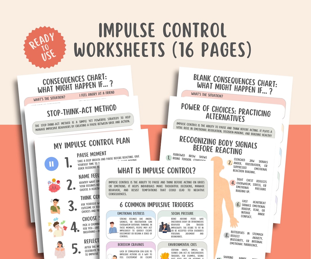 Impulse Control Worksheets (16 Pages), Self Regulation, Anger Management, Teens and Adults