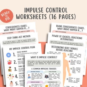 Fiches de travail sur le contrôle des impulsions (16 pages), Autorégulation, Gestion de la colère, Outils de thérapie pour adolescents et adultes, Fiches de travail sur les émotions, Santé mentale