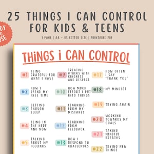 25 Things I can control for kids & teens, circle of control, anxiety coping statements, calming corner printable, mental health gifts