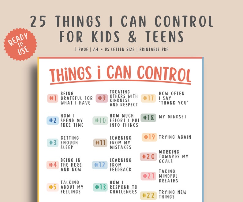 25 Things I can control for kids & teens, circle of control, school counselor resources, calming corner printable, mental health gifts