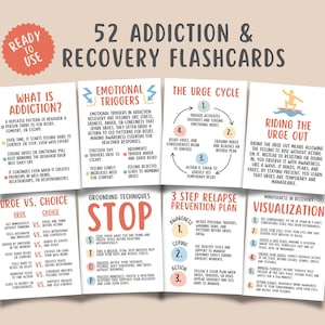 Op de afbeelding: Een set van 52 flashcards over verslaving en herstel. De kaarten bevatten titels als "Wat is verslaving?" en "De drangcyclus". De kaarten zijn wit met kleurrijke tekst en afbeeldingen, voor educatieve doeleinden.
