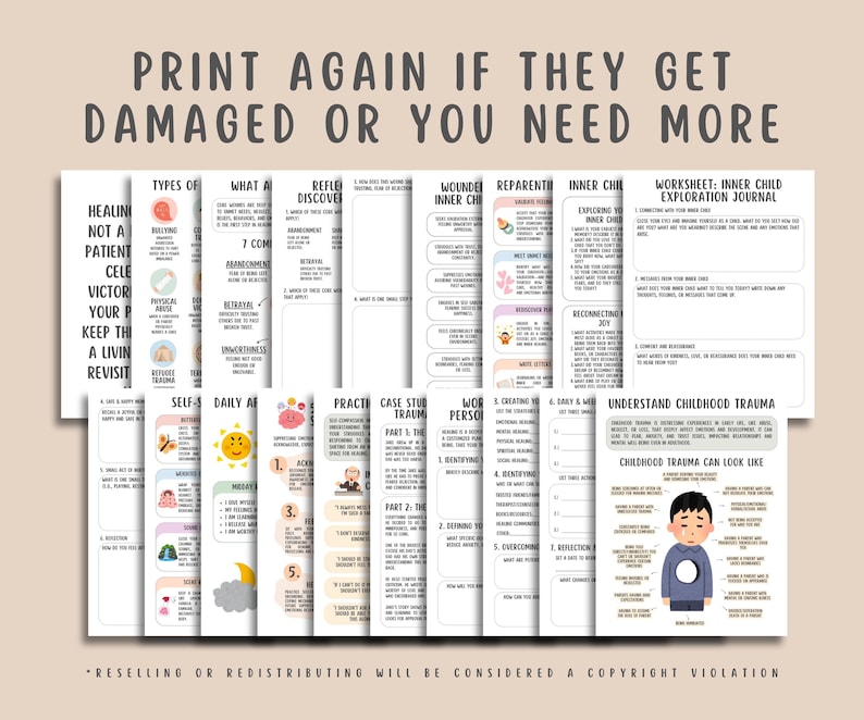 Childhood Trauma Healing Worksheets (19 Pages), Reparenting Inner Child Healing,  Somatic Coping Skills, PTSD, Crisis Therapy, Panic Attacks