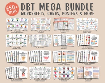 DBT Mega Bundle, (650+ Items) DBT Coping Skills Posters Flashcards Worksheets, DBT Cheat Sheet Emotional Regulation Mental Health Counseling