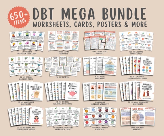 DBT Mega Bundle, (650+ Items) DBT Coping Skills Posters Flashcards Worksheets, DBT Cheat Sheet Emotional Regulation Mental Health Counseling