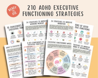 210 ADHD Executive Functioning Skills Strategies Psychoeducation Worksheets, Executive Functioning Wheel, Mental Health Therapy Worksheets