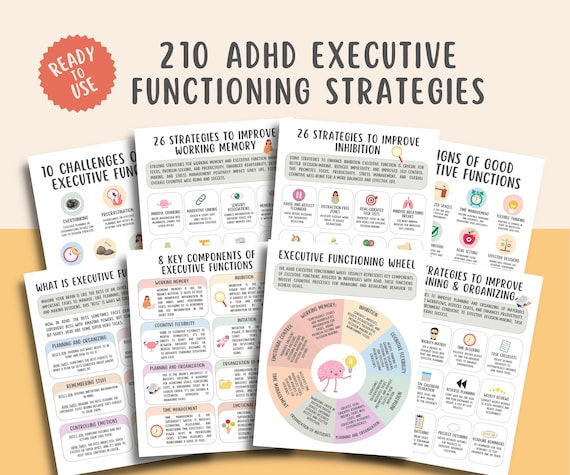 210 ADHD Executive Functioning Skills Strategies Psychoeducation Worksheets, Executive Functioning Wheel, Mental Health Therapy Worksheets