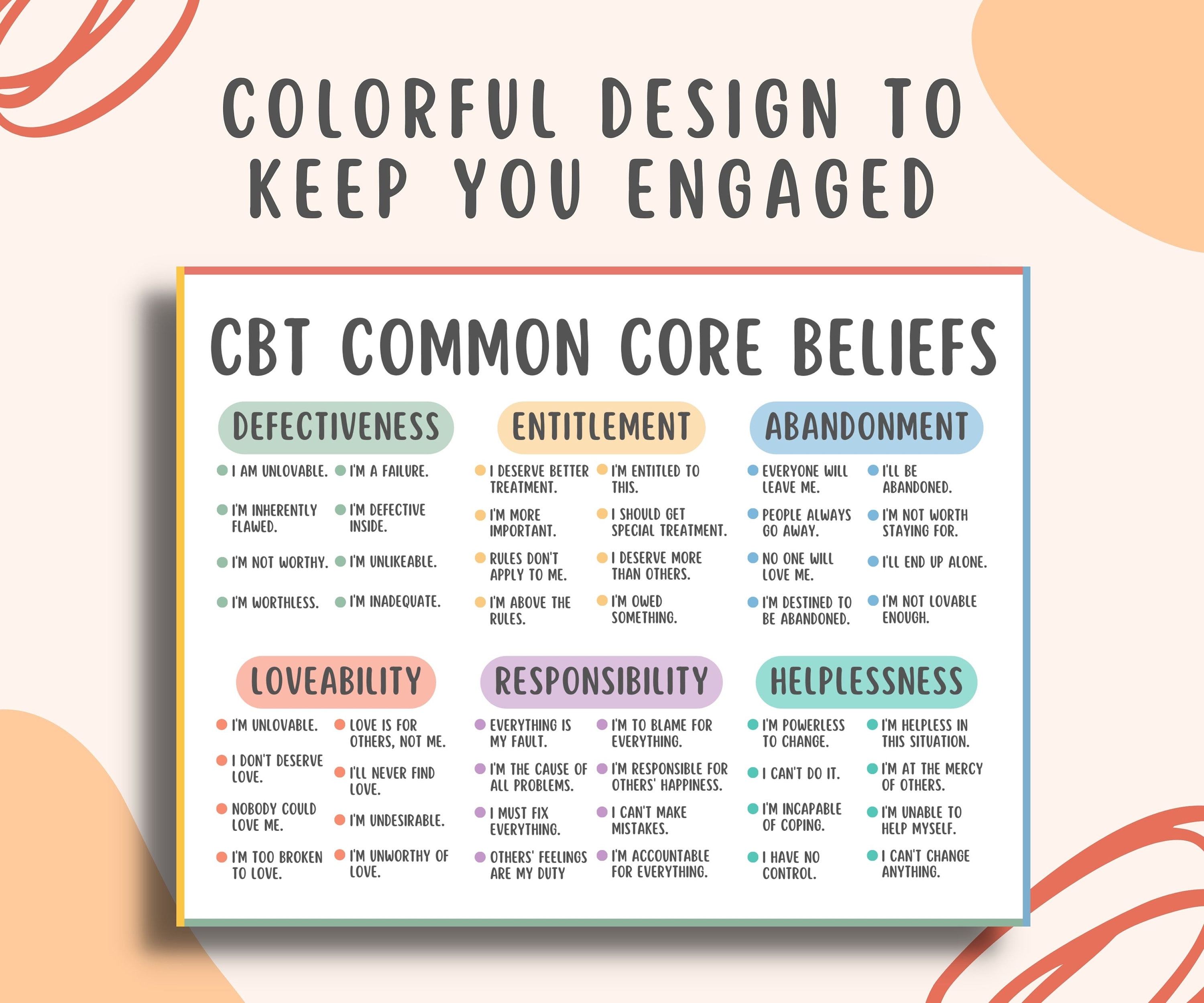 48 CBT Common Core Beliefs Print, Cognitive Behavioral Therapy