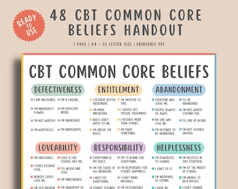 48 CBT Common Core Beliefs Print, Cognitive Behavioral Therapy, Thinking Traps, Maladaptive Beliefs, Automatic Thoughts, Growth Mindset Tool