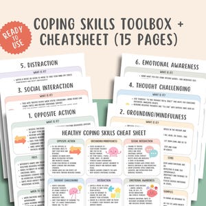 Pode incluir: Um conjunto de folhas de trabalho de habilidades de enfrentamento imprimíveis e uma folha de dicas. O título diz "Coping Skills Toolbox + Cheatsheet (15 páginas)". As folhas de trabalho cobrem tópicos como distração, interação social e consciência emocional.