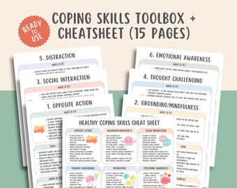 Healthy Coping Skills Worksheet + Cheatsheet (15 Pages), Mental Health Therapy Printable, Coping Strategies, Anxiety Relief, Self Help