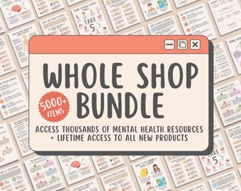 Op de afbeelding: Een computerscherm met een roze en witte rand toont een afbeelding met de tekst "Whole Shop Bundle" en "5000+ Items". De afbeelding bevat ook de tekst "Access thousands of mental health resources + Lifetime access to all new products". De achtergrond van de afbeelding is een collage van verschillende mentale gezondheidsbronnen.
