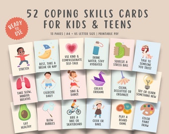 52 Coping Skills Cards kids teens Coping Strategies Children Self Regulation Calming Corner Print School Counselor Office School Counselor