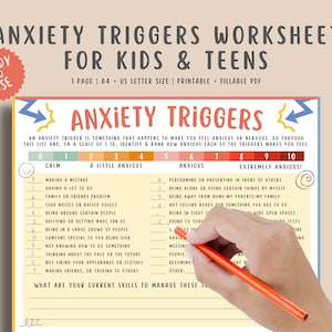 Anxiety Triggers Worksheet Kids Teens Children with Anxiety scale, Mental Health Therapy Counseling Resource Fillable + Printable PDF