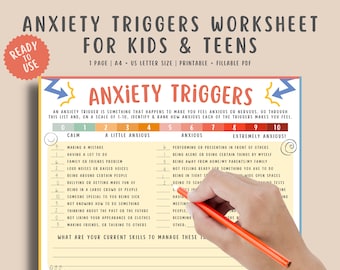 Anxiety Triggers Worksheet Kids Teens Children with Anxiety scale, Mental Health Therapy Counseling Resource Fillable + Printable PDF
