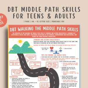 DBT Middle Path Coping Skills Handout Teens Kids Adults, Dialectical Behavior Therapy Counseling Poster, Mental Health Therapist Children
