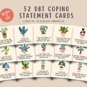 52 dbt coping-statement flashcards voor tieners volwassenen kinderen, borderline zelfhulp, kalmerende therapie, kantoordecor, werkblad geestelijke gezondheid