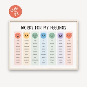 May include: A colourful chart with the words "Words for My Feelings" at the top. The chart has seven columns, each with a different colour and a cartoon face representing a different emotion. Each column lists words that describe that emotion, such as "angry", "confused", "happy", "sad", "calm", "scared", and "loved".
