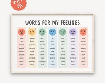 Cartel de 63 palabras para mis sentimientos, gráfico de emociones para niños y adolescentes, rincón calmante Regulación emocional Salud mental Imprimir recurso para consejeros escolares