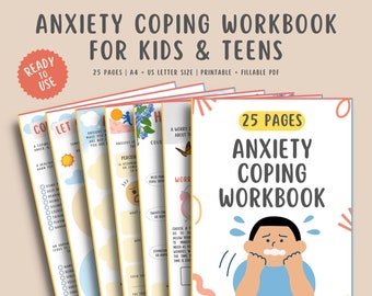 May include: A colorful workbook for kids and teens with the title "Anxiety Coping Workbook" and a cartoon illustration of a child with a worried expression. The workbook is 25 pages long and includes activities to help children cope with anxiety.