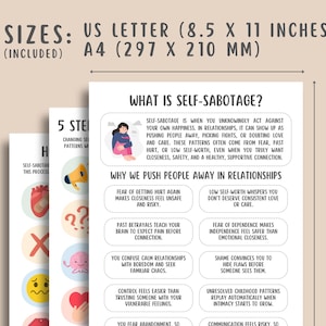 May include: A set of educational documents titled What is Self-Sabotage? with text explaining relationship patterns. The sheets are available in US Letter 8.5 x 11 inches and A4 297 x 210 mm sizes, featuring illustrations of a person, heart, and megaphone.