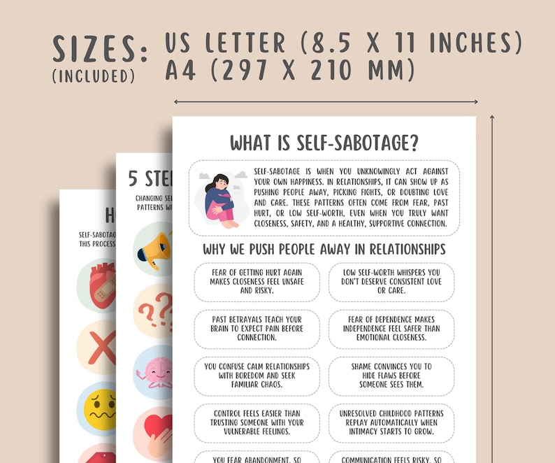 May include: A set of educational documents titled What is Self-Sabotage? with text explaining relationship patterns. The sheets are available in US Letter 8.5 x 11 inches and A4 297 x 210 mm sizes, featuring illustrations of a person, heart, and megaphone.