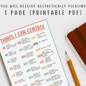 May include: A printable PDF poster with a list of 25 things you can control in your life. The poster has a colorful design with a light blue background and pink, orange, and yellow circles with numbers and text inside. The title of the poster is "Things I Can Control".