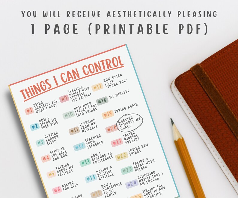 May include: A printable PDF poster with a list of 25 things you can control in your life. The poster has a colorful design with a light blue background and pink, orange, and yellow circles with numbers and text inside. The title of the poster is "Things I Can Control".